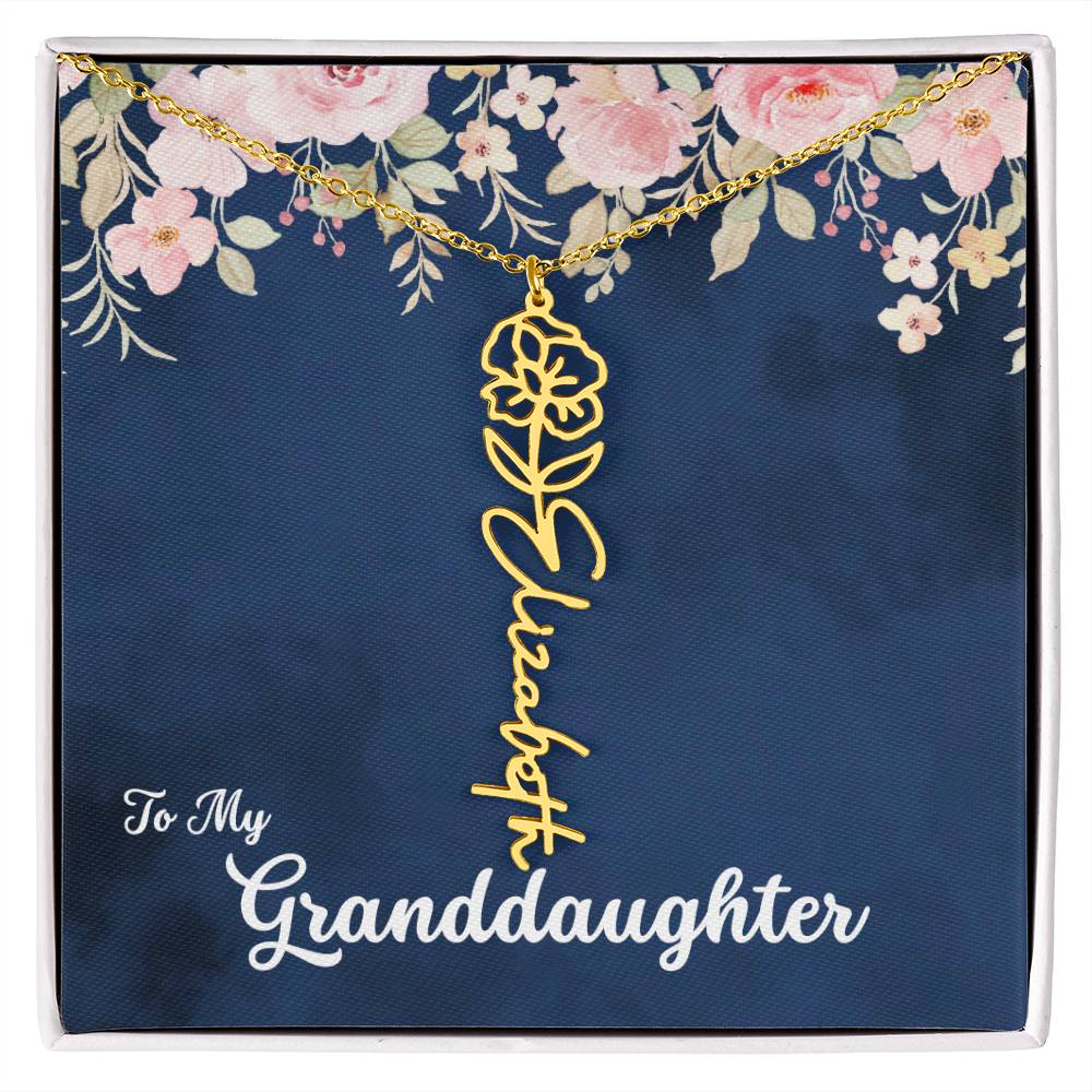 To My Granddaughter Personalized Birth Flower Necklace, Customize with Birth Month Flower and Name - Navy with Soft Pink Flowers - Get Deerty