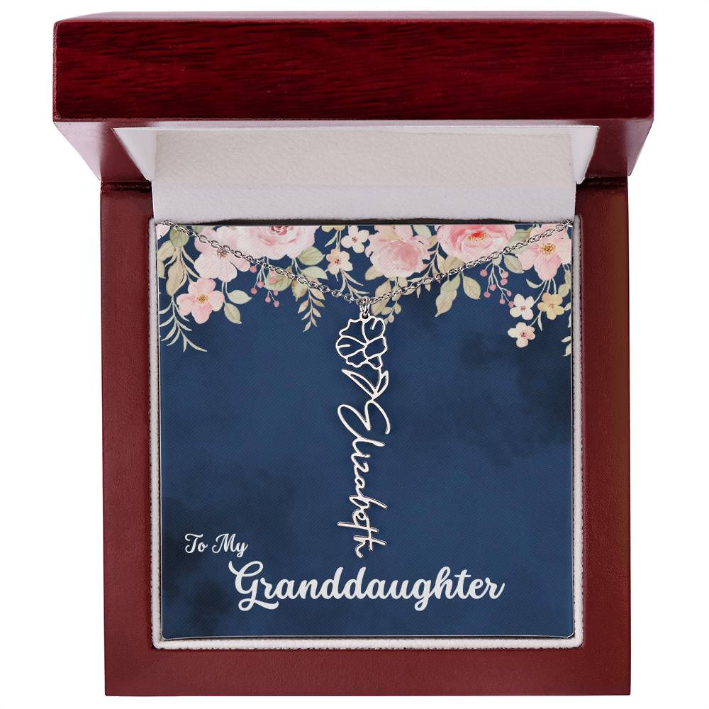 To My Granddaughter Personalized Birth Flower Necklace, Customize with Birth Month Flower and Name - Navy with Soft Pink Flowers - Get Deerty