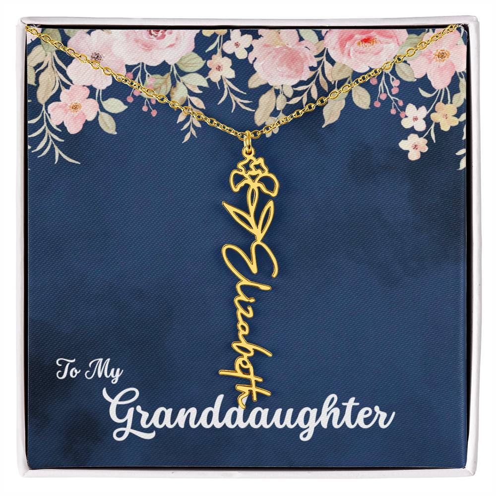 To My Granddaughter Personalized Birth Flower Necklace, Customize with Birth Month Flower and Name - Navy with Soft Pink Flowers - Get Deerty