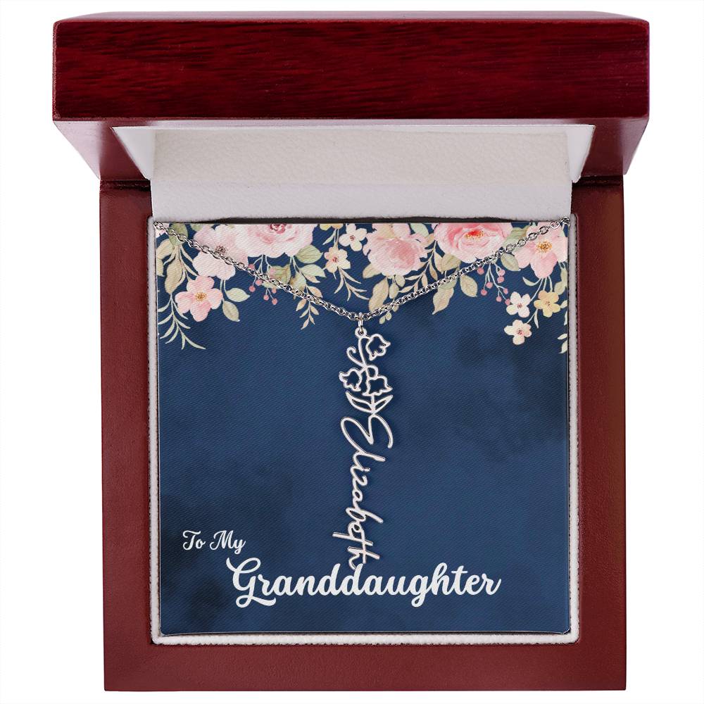 To My Granddaughter Personalized Birth Flower Necklace, Customize with Birth Month Flower and Name - Navy with Soft Pink Flowers - Get Deerty