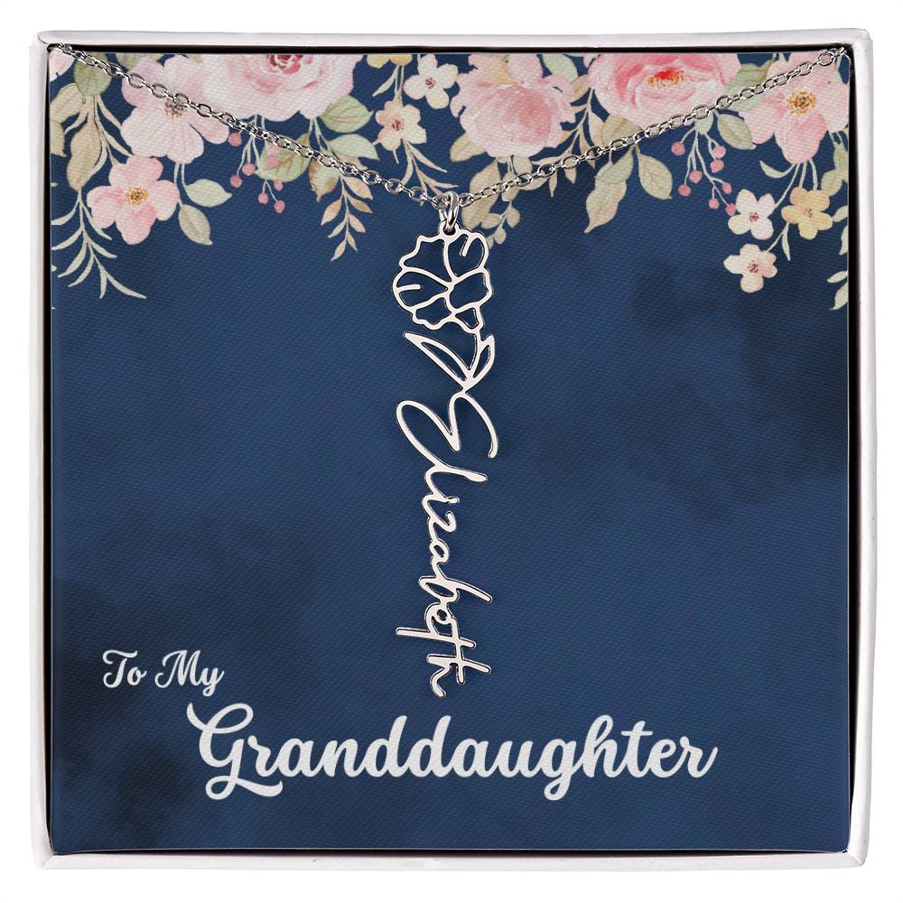 To My Granddaughter Personalized Birth Flower Necklace, Customize with Birth Month Flower and Name - Navy with Soft Pink Flowers - Get Deerty