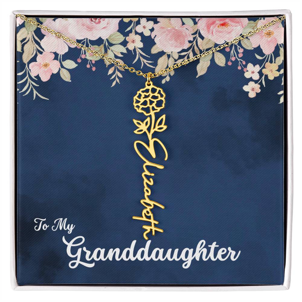 To My Granddaughter Personalized Birth Flower Necklace, Customize with Birth Month Flower and Name - Navy with Soft Pink Flowers - Get Deerty
