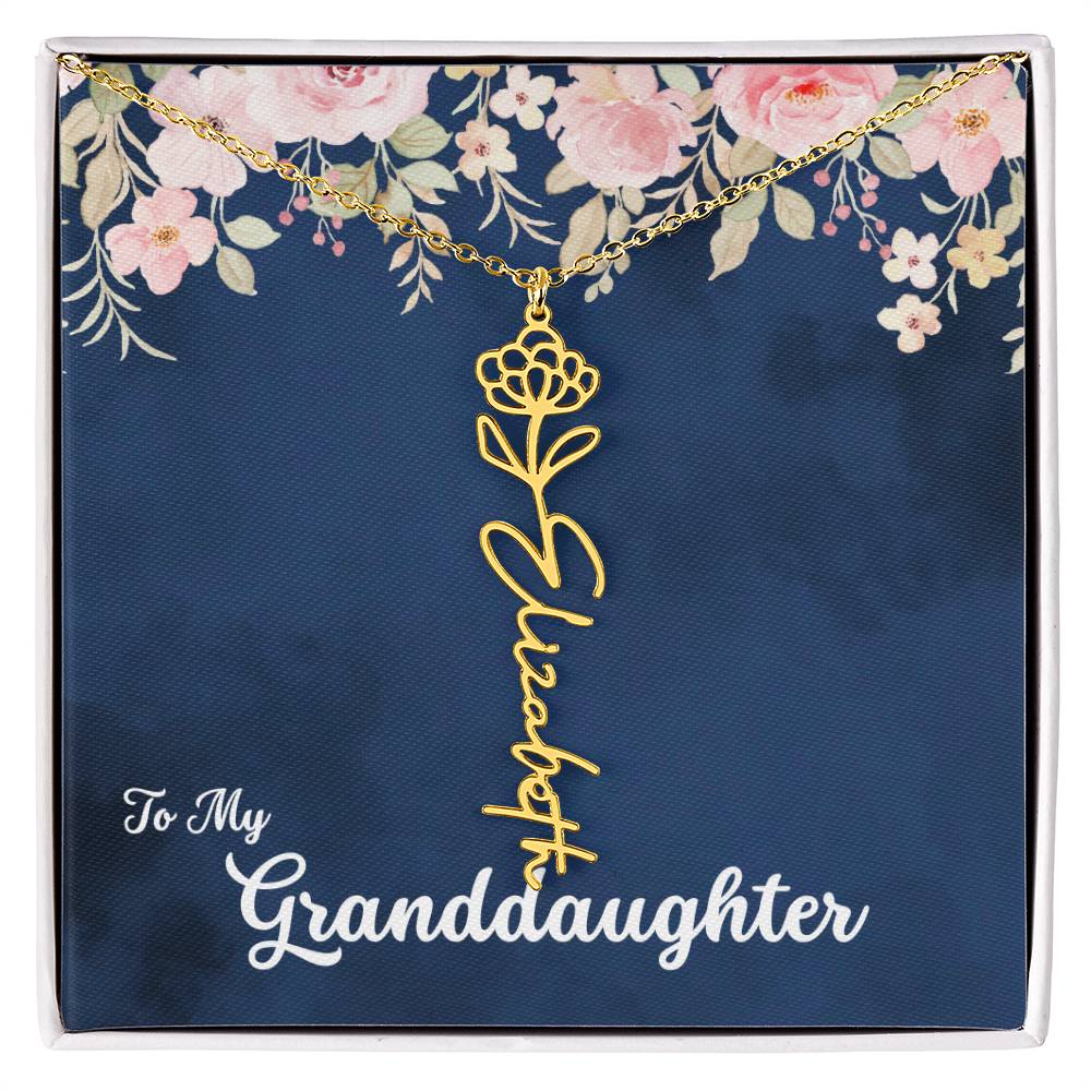 To My Granddaughter Personalized Birth Flower Necklace, Customize with Birth Month Flower and Name - Navy with Soft Pink Flowers - Get Deerty