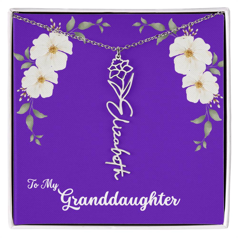 To My Granddaughter Personalized Birth Flower Necklace - Customize with Birth Month Flower and Name - Purple with White Flowers - Get Deerty