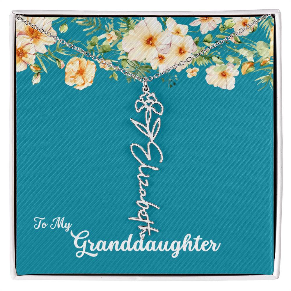 To My Granddaughter Personalized Birth Flower Necklace - Customize with Birth Month Flower and Name - Teal with Flowers - Get Deerty