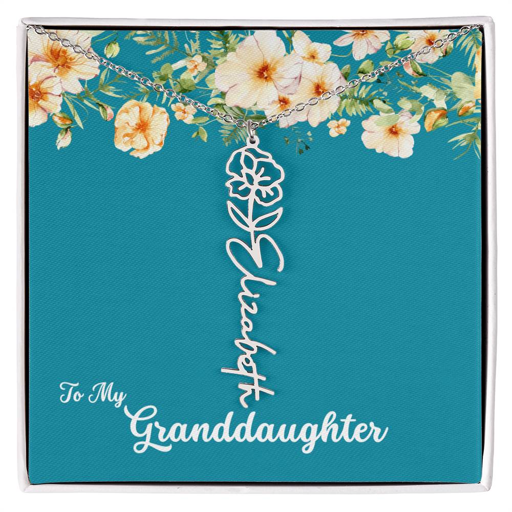 To My Granddaughter Personalized Birth Flower Necklace - Customize with Birth Month Flower and Name - Teal with Flowers - Get Deerty