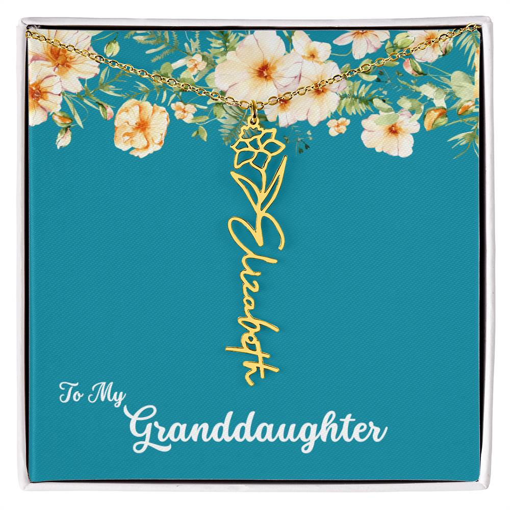 To My Granddaughter Personalized Birth Flower Necklace - Customize with Birth Month Flower and Name - Teal with Flowers - Get Deerty