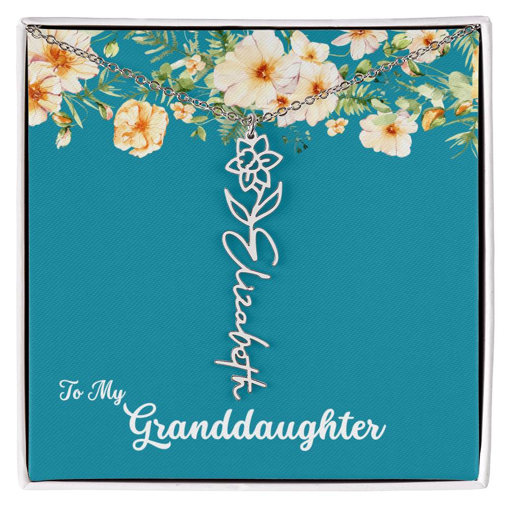 To My Granddaughter Personalized Birth Flower Necklace - Customize with Birth Month Flower and Name - Teal with Flowers - Get Deerty