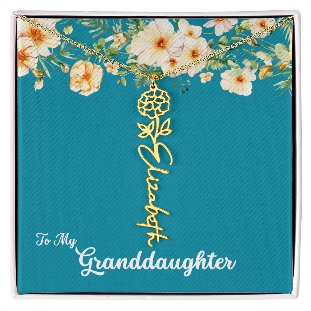To My Granddaughter Personalized Birth Flower Necklace - Customize with Birth Month Flower and Name - Teal with Flowers - Get Deerty