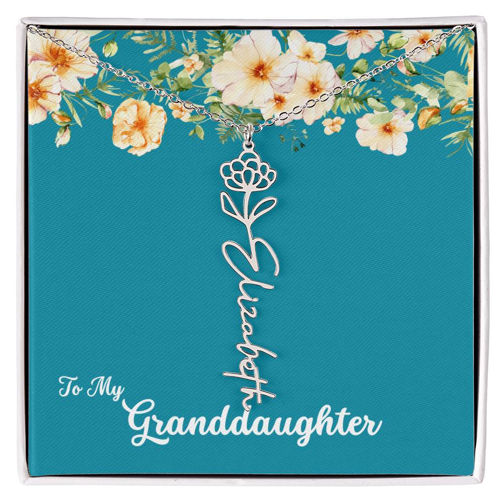 To My Granddaughter Personalized Birth Flower Necklace - Customize with Birth Month Flower and Name - Teal with Flowers - Get Deerty