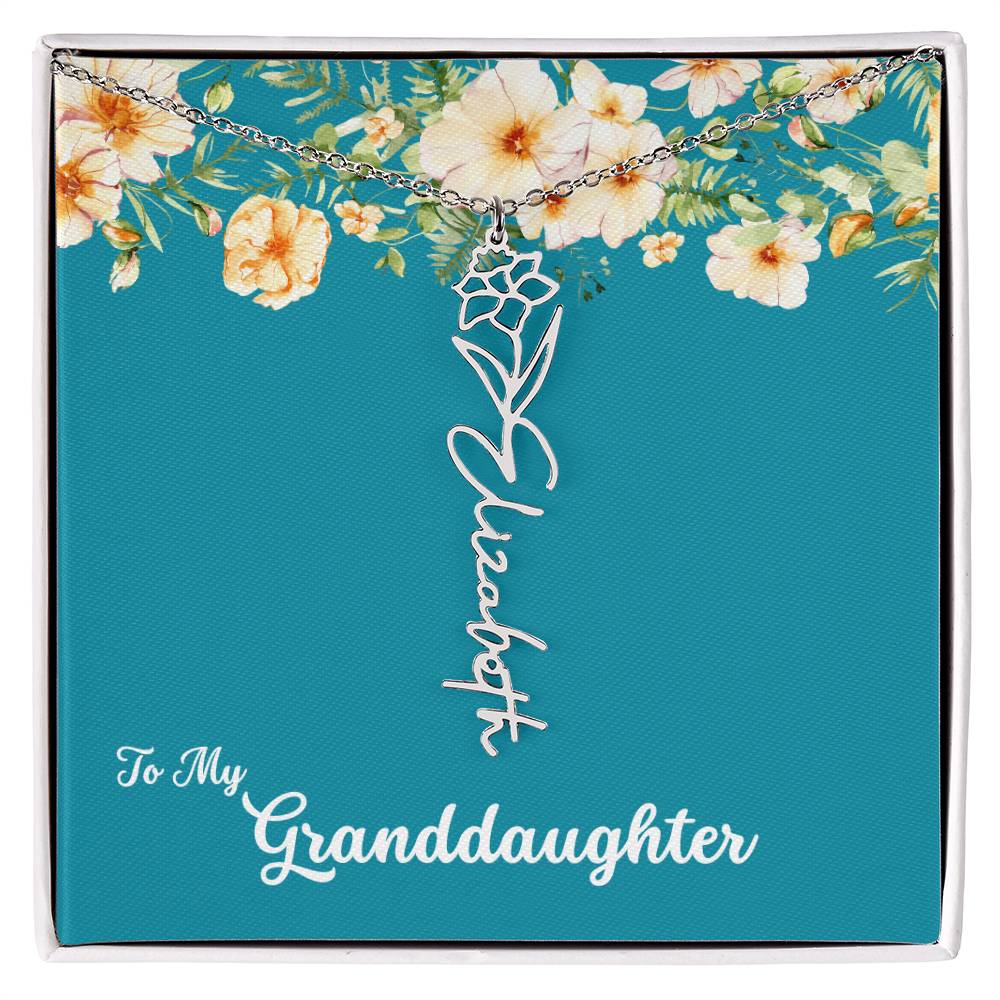 To My Granddaughter Personalized Birth Flower Necklace - Customize with Birth Month Flower and Name - Teal with Flowers - Get Deerty