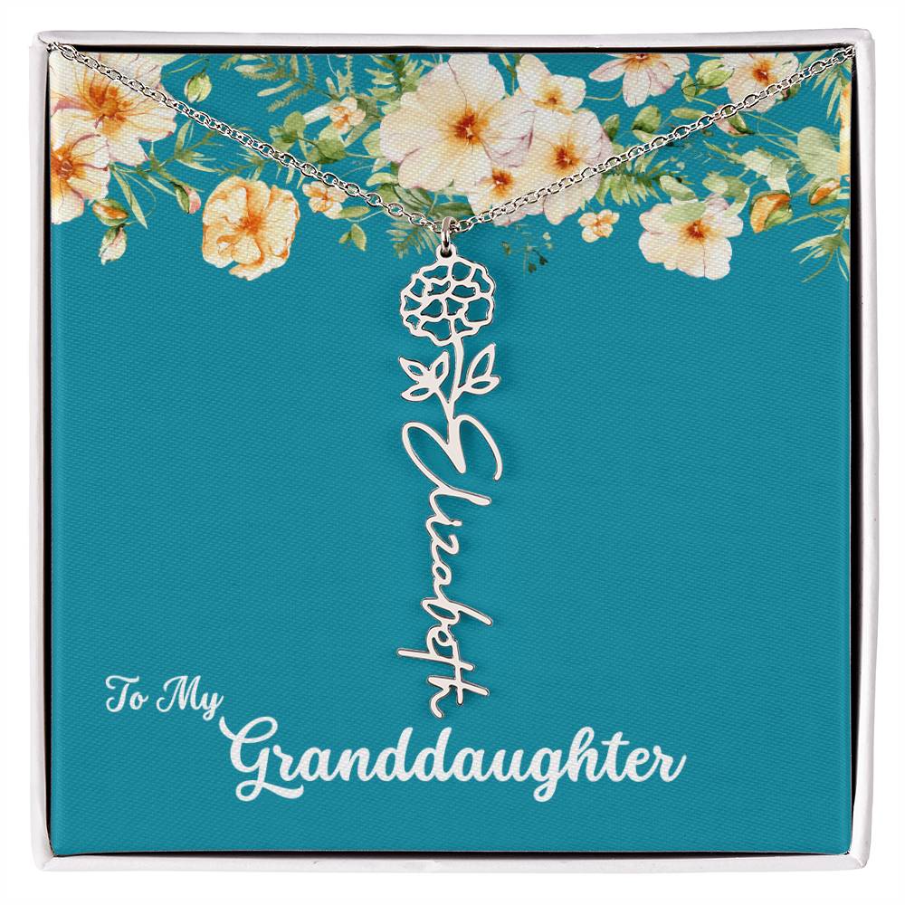 To My Granddaughter Personalized Birth Flower Necklace - Customize with Birth Month Flower and Name - Teal with Flowers - Get Deerty