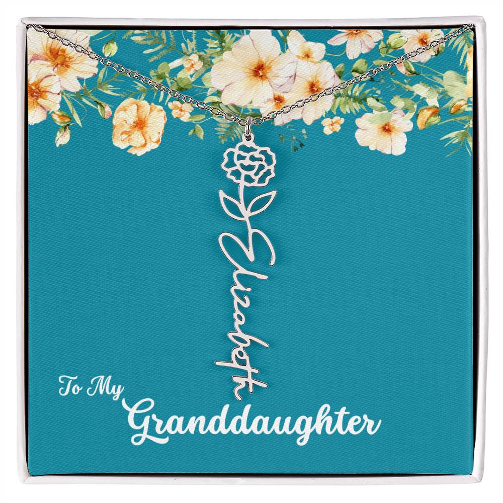 To My Granddaughter Personalized Birth Flower Necklace - Customize with Birth Month Flower and Name - Teal with Flowers - Get Deerty