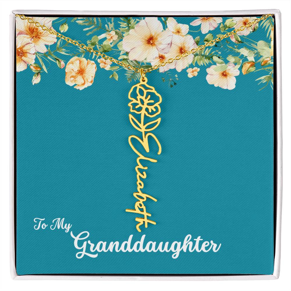 To My Granddaughter Personalized Birth Flower Necklace - Customize with Birth Month Flower and Name - Teal with Flowers - Get Deerty