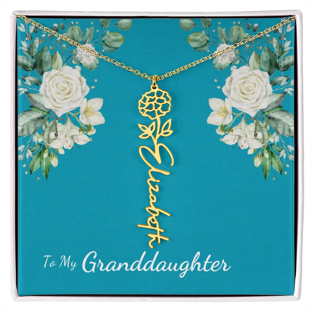To My Granddaughter Personalized Birth Flower Necklace - Customize with Birth Month Flower and Name - Teal with White Roses - Get Deerty