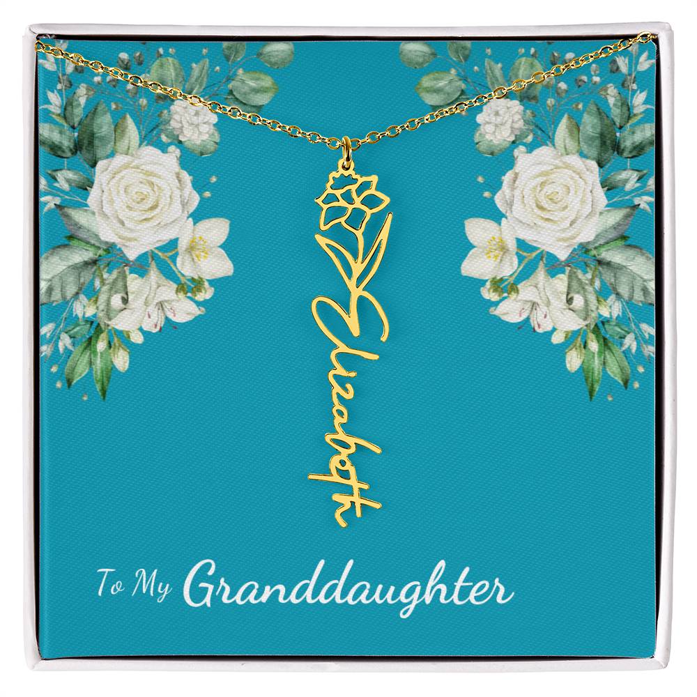 To My Granddaughter Personalized Birth Flower Necklace - Customize with Birth Month Flower and Name - Teal with White Roses - Get Deerty