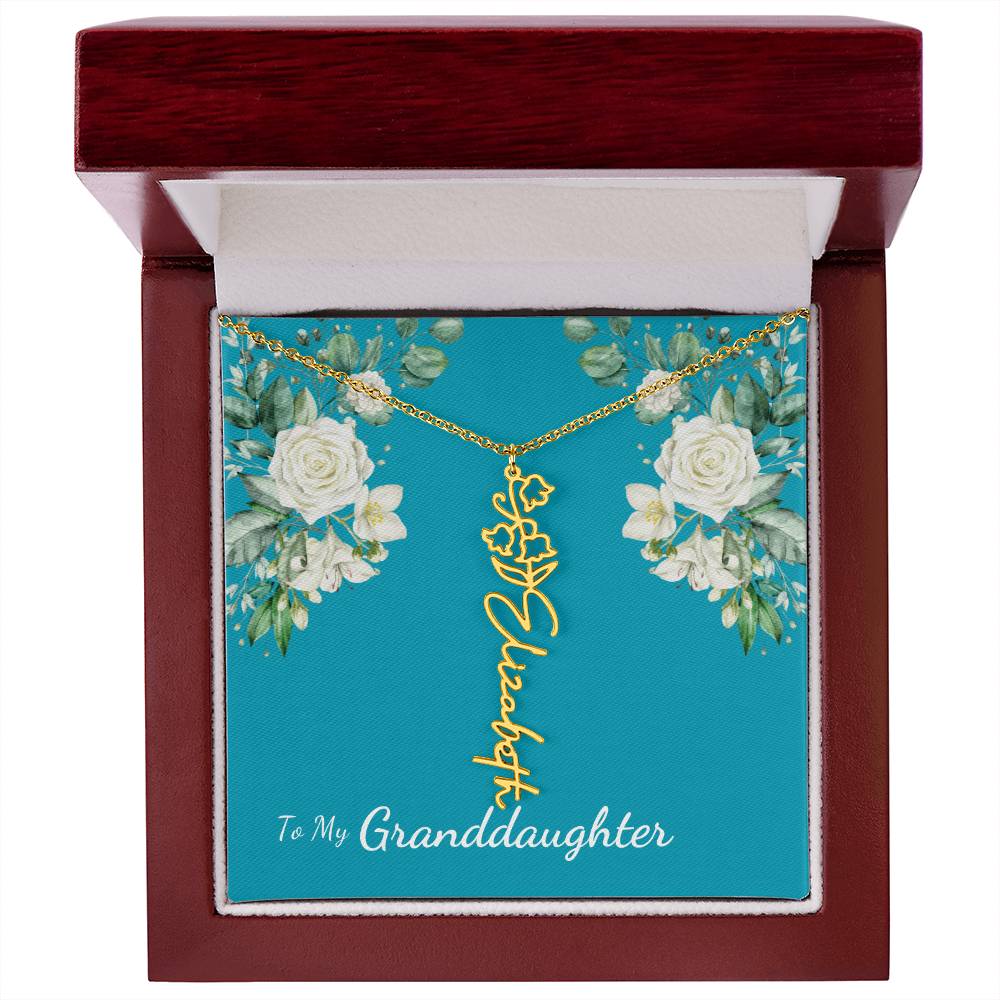 To My Granddaughter Personalized Birth Flower Necklace - Customize with Birth Month Flower and Name - Teal with White Roses - Get Deerty