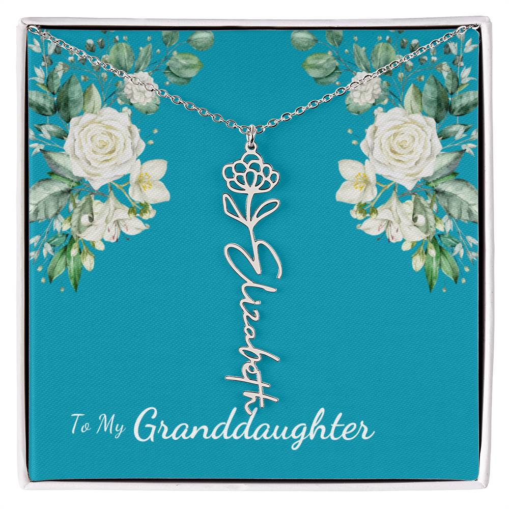 To My Granddaughter Personalized Birth Flower Necklace - Customize with Birth Month Flower and Name - Teal with White Roses - Get Deerty