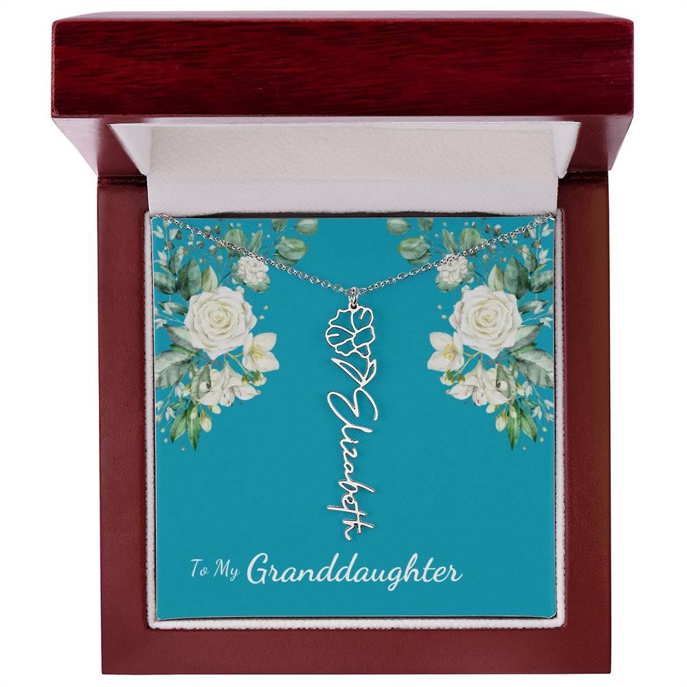 To My Granddaughter Personalized Birth Flower Necklace - Customize with Birth Month Flower and Name - Teal with White Roses - Get Deerty