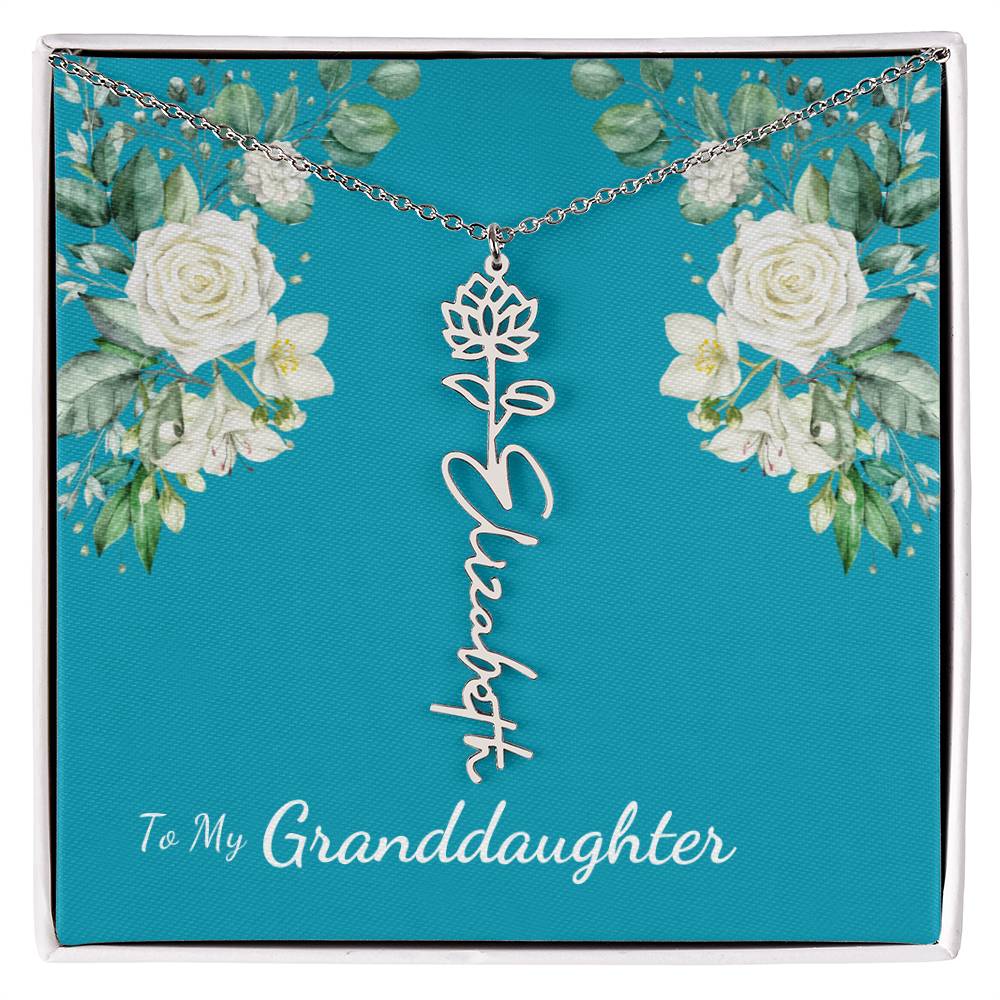 To My Granddaughter Personalized Birth Flower Necklace - Customize with Birth Month Flower and Name - Teal with White Roses - Get Deerty
