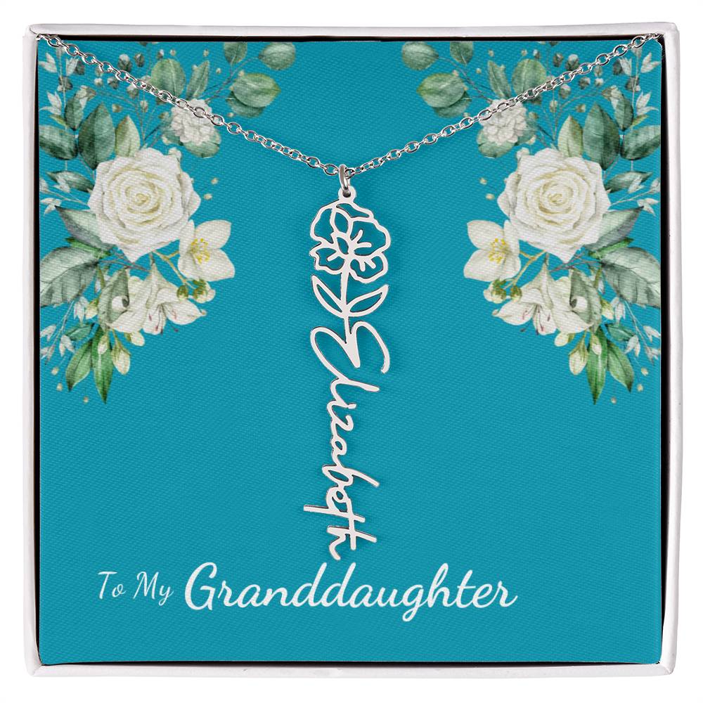 To My Granddaughter Personalized Birth Flower Necklace - Customize with Birth Month Flower and Name - Teal with White Roses - Get Deerty