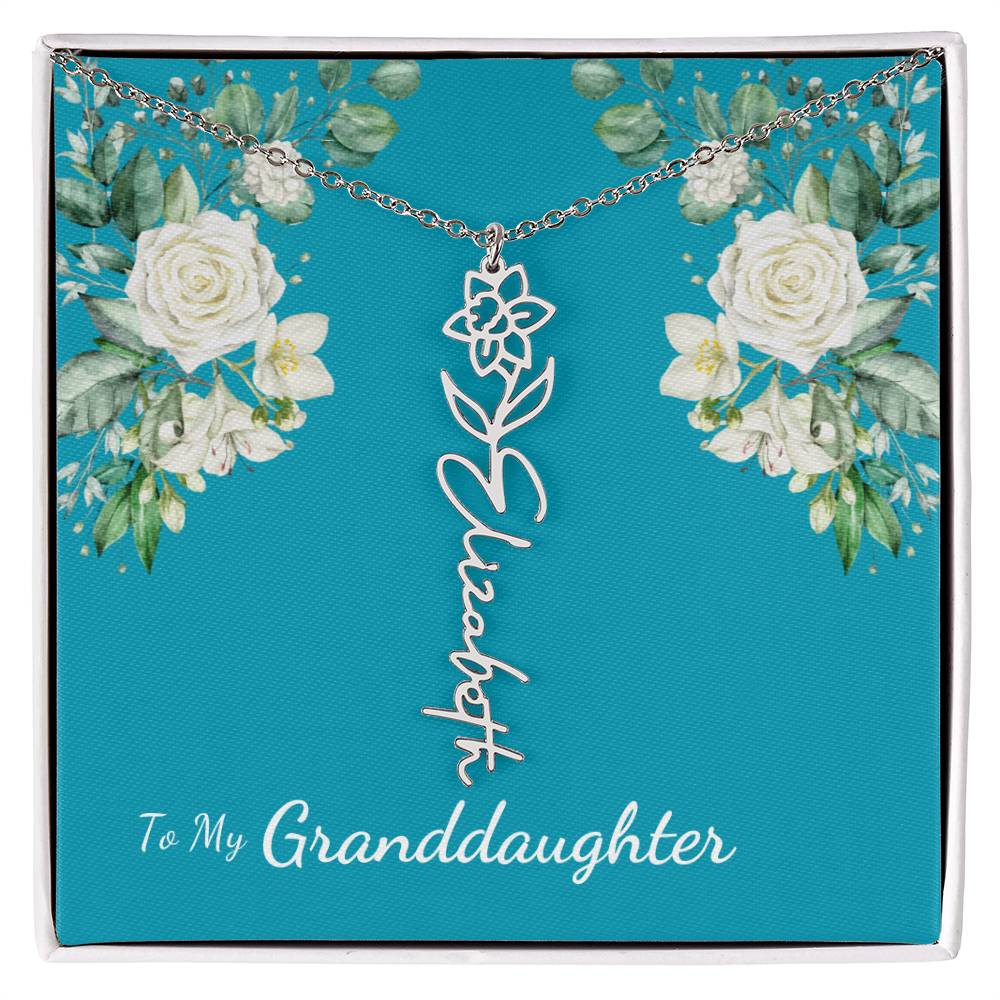 To My Granddaughter Personalized Birth Flower Necklace - Customize with Birth Month Flower and Name - Teal with White Roses - Get Deerty
