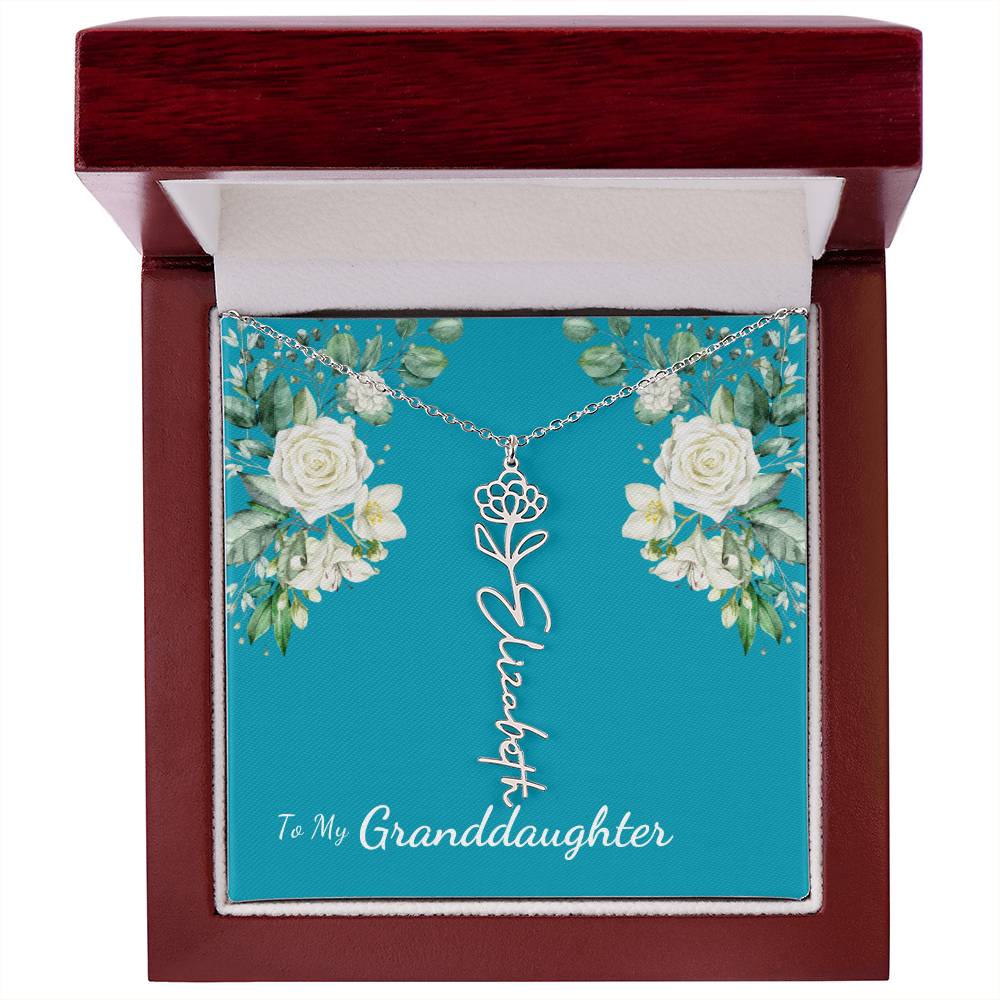 To My Granddaughter Personalized Birth Flower Necklace - Customize with Birth Month Flower and Name - Teal with White Roses - Get Deerty