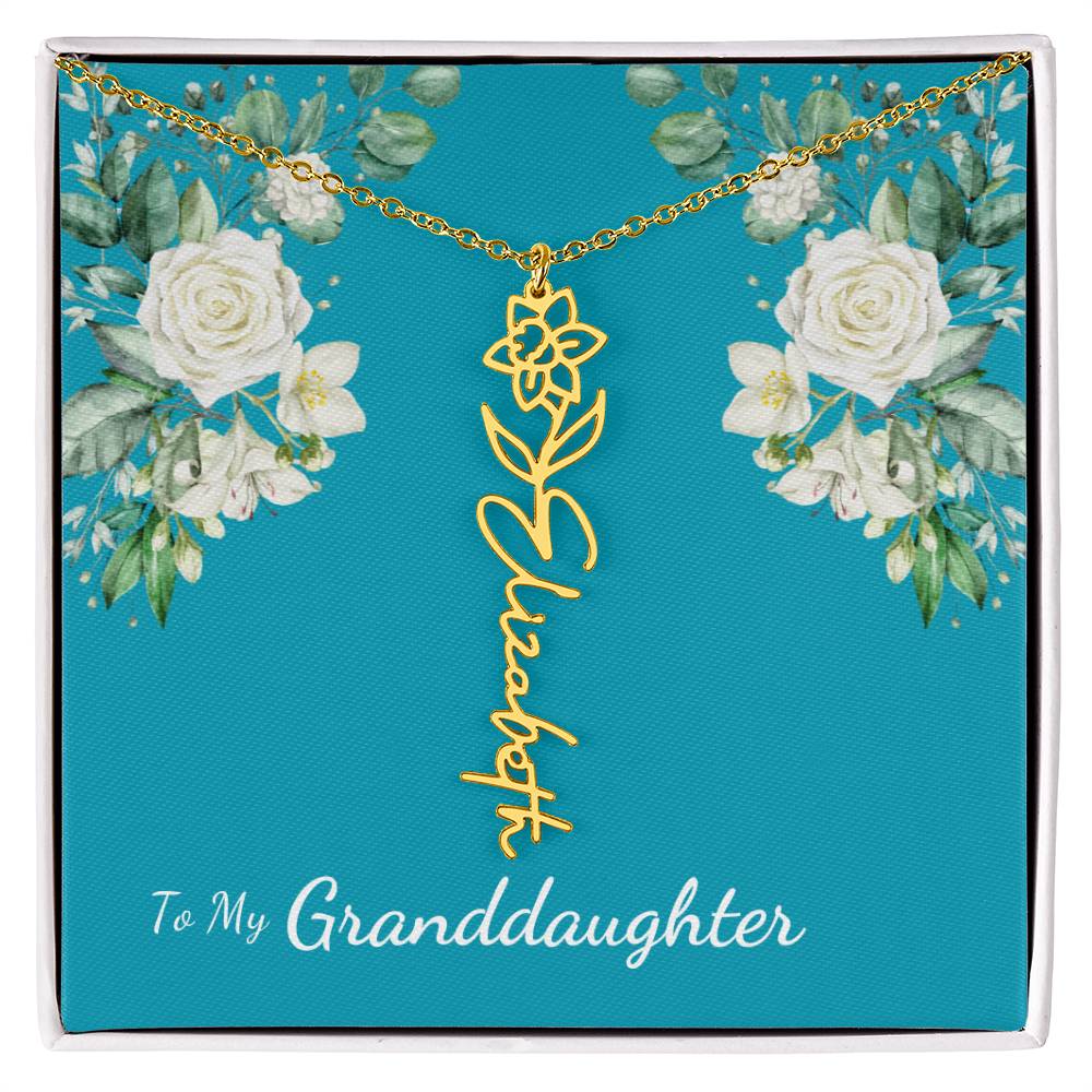 To My Granddaughter Personalized Birth Flower Necklace - Customize with Birth Month Flower and Name - Teal with White Roses - Get Deerty