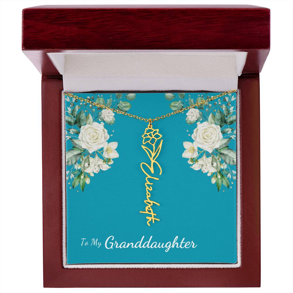 To My Granddaughter Personalized Birth Flower Necklace - Customize with Birth Month Flower and Name - Teal with White Roses - Get Deerty