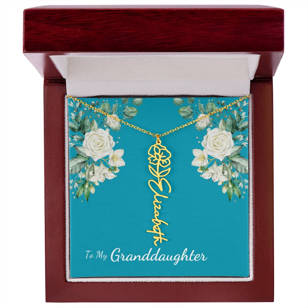 To My Granddaughter Personalized Birth Flower Necklace - Customize with Birth Month Flower and Name - Teal with White Roses - Get Deerty