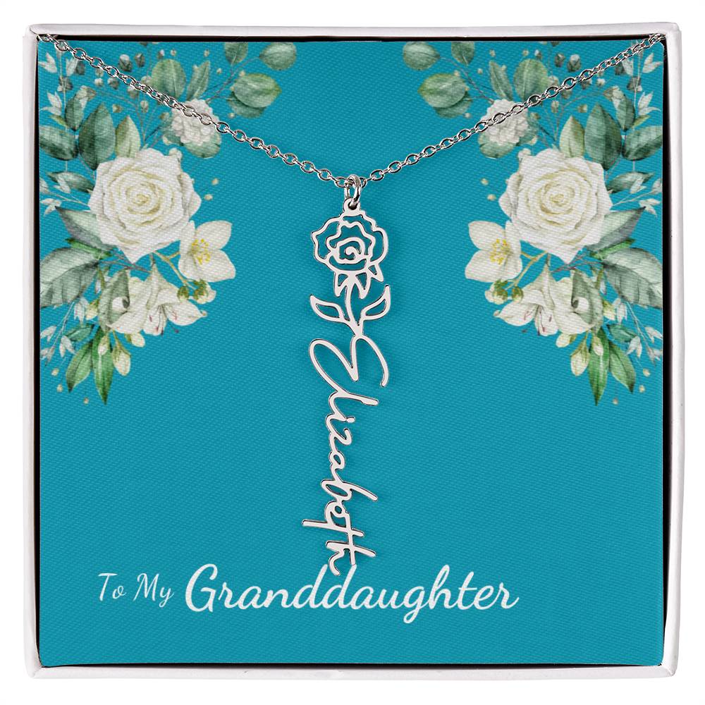 To My Granddaughter Personalized Birth Flower Necklace - Customize with Birth Month Flower and Name - Teal with White Roses - Get Deerty