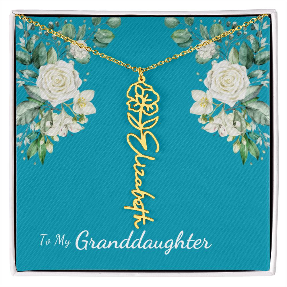To My Granddaughter Personalized Birth Flower Necklace - Customize with Birth Month Flower and Name - Teal with White Roses - Get Deerty