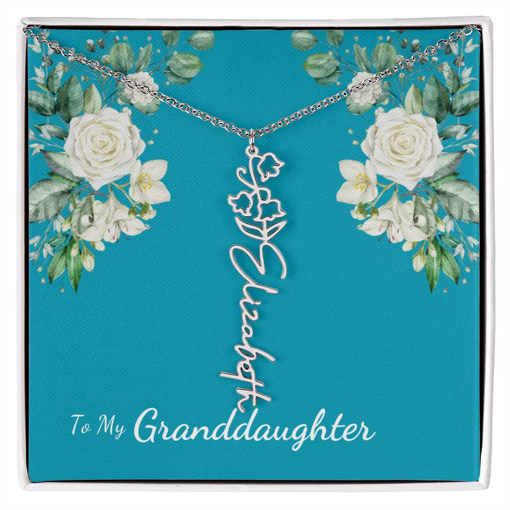 To My Granddaughter Personalized Birth Flower Necklace - Customize with Birth Month Flower and Name - Teal with White Roses - Get Deerty