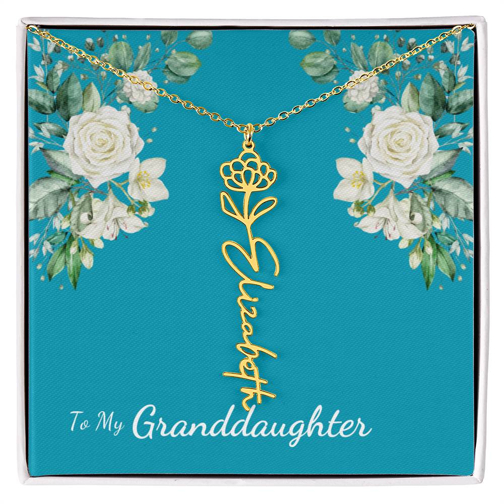 To My Granddaughter Personalized Birth Flower Necklace - Customize with Birth Month Flower and Name - Teal with White Roses - Get Deerty