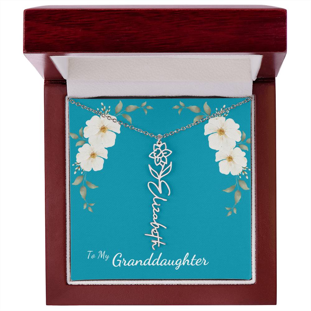 To My Granddaughter Personalized Birth Flower Necklace - Customize with Birth Month Flower and Name - Teal with White Poppy Flowers - Get Deerty