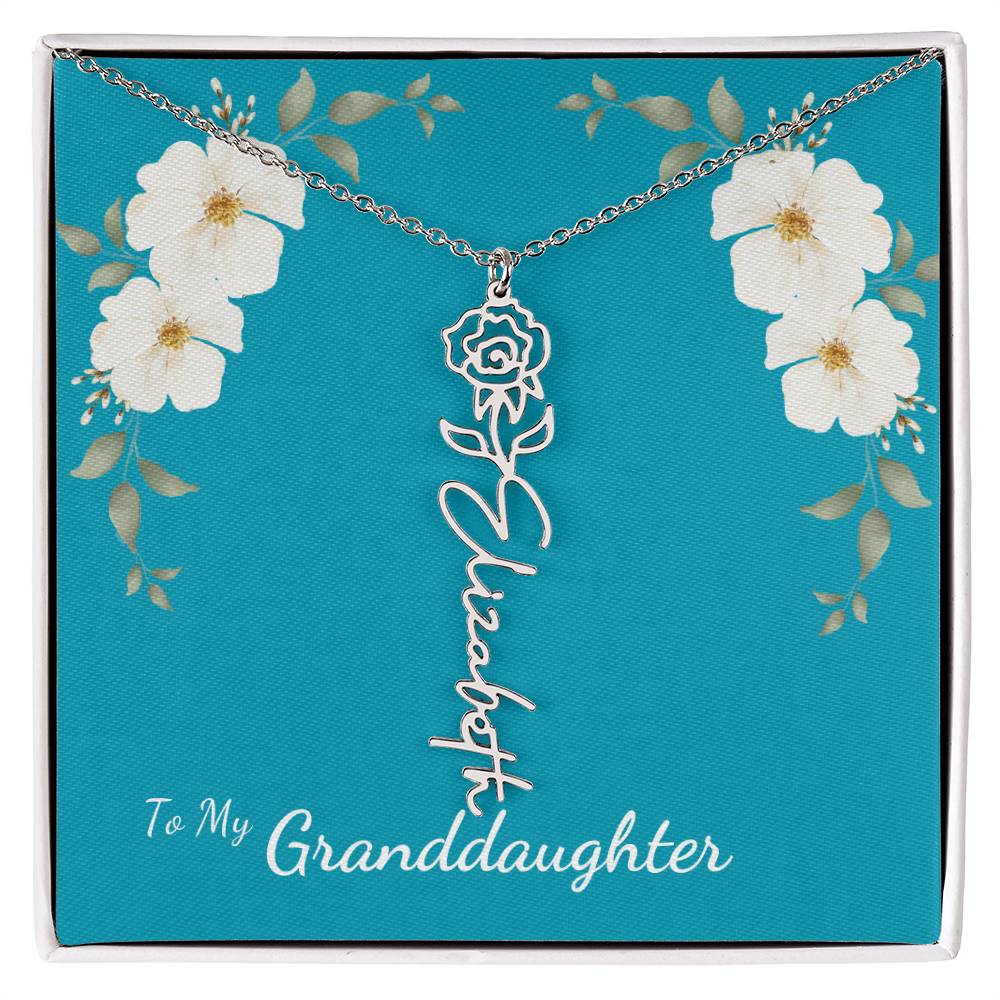 To My Granddaughter Personalized Birth Flower Necklace - Customize with Birth Month Flower and Name - Teal with White Poppy Flowers - Get Deerty