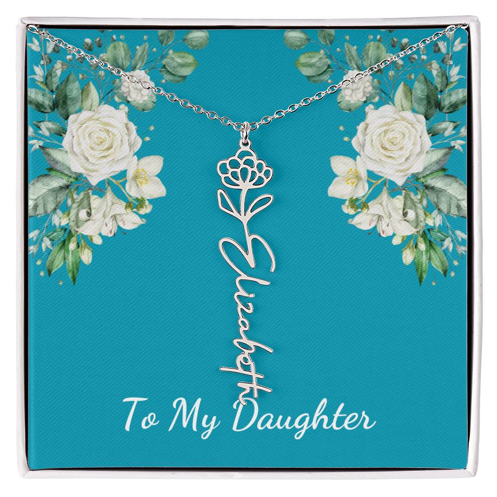 To My Daughter Personalized Birth Flower Necklace - Customize with Birth Month Flower and Name - Teal with White Roses - Get Deerty