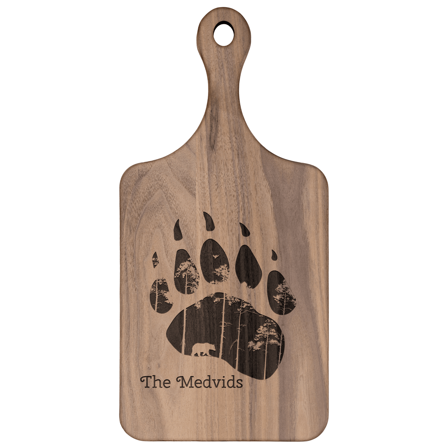 Bear Paw and Forest Personalized with Family Name Hardwood Paddle Cutting Board Christmas Gift - Get Deerty