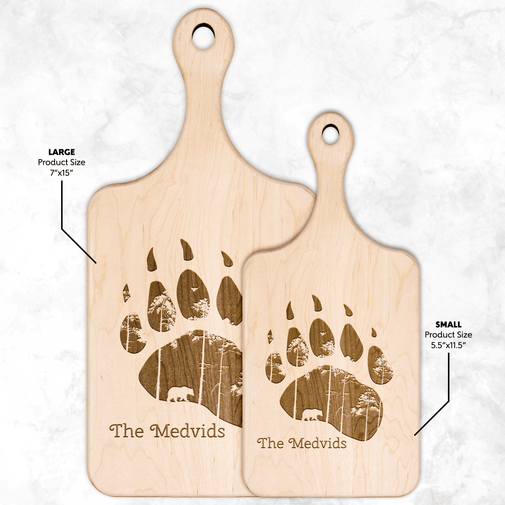 Bear Paw and Forest Personalized with Family Name Hardwood Paddle Cutting Board Christmas Gift - Get Deerty