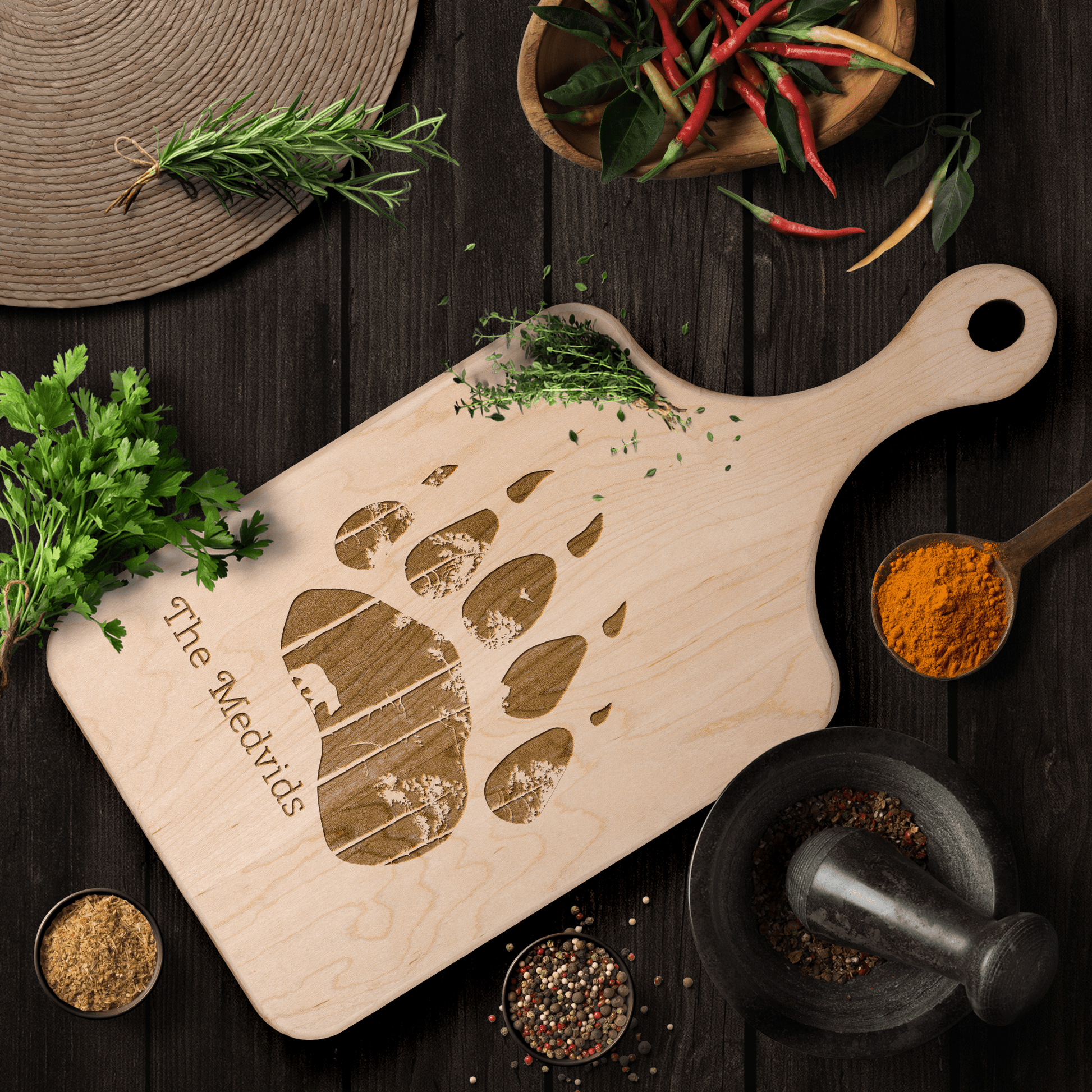 Bear Paw and Forest Personalized with Family Name Hardwood Paddle Cutting Board Christmas Gift - Get Deerty