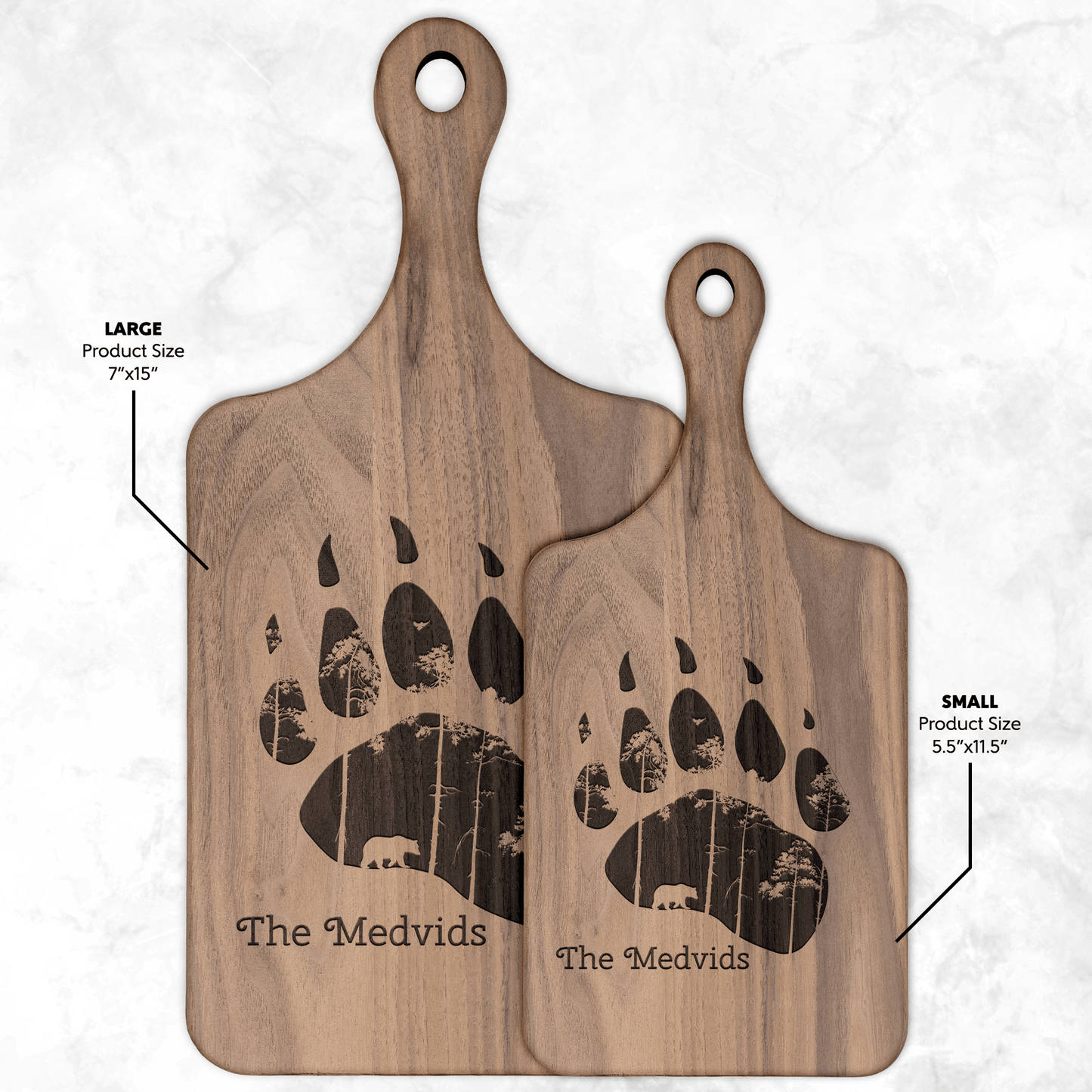 Bear Paw and Forest Personalized with Family Name Hardwood Paddle Cutting Board Christmas Gift - Get Deerty