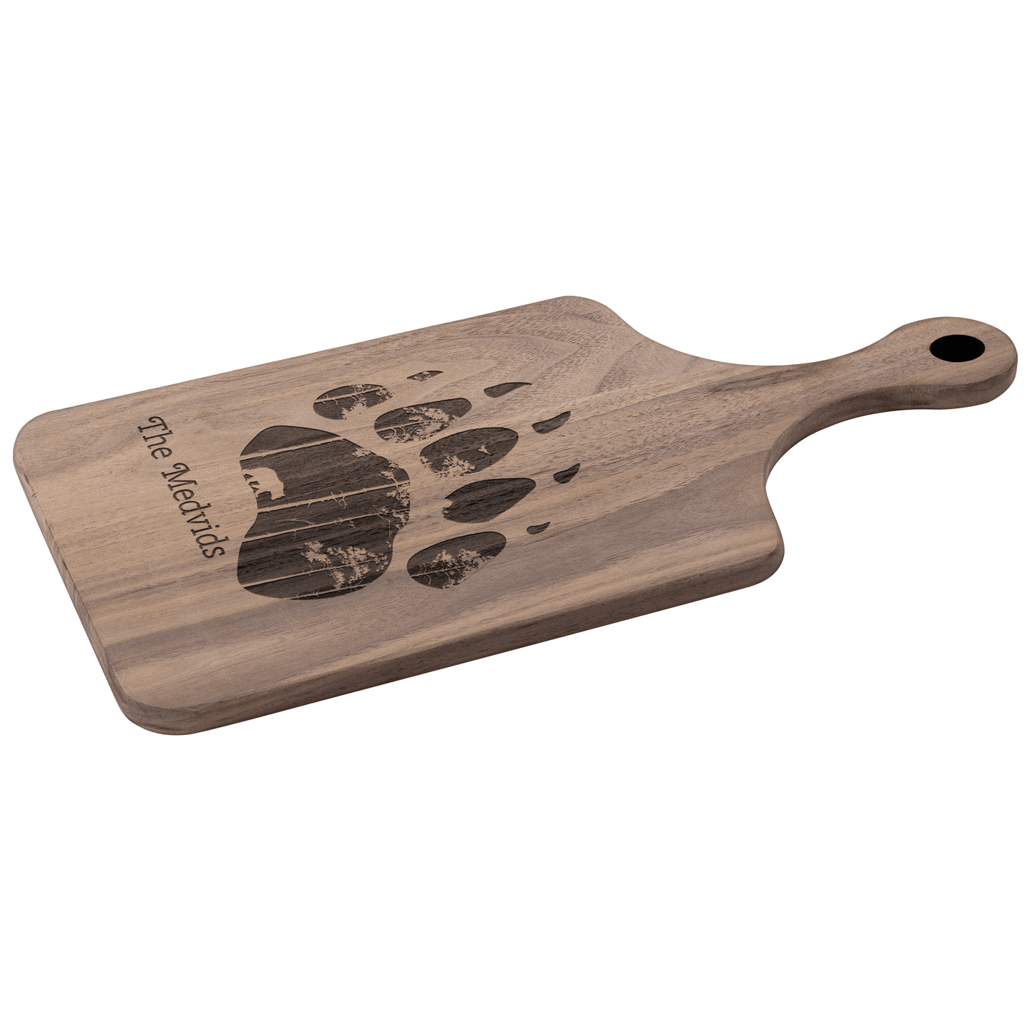 Bear Paw and Forest Personalized with Family Name Hardwood Paddle Cutting Board Christmas Gift - Get Deerty