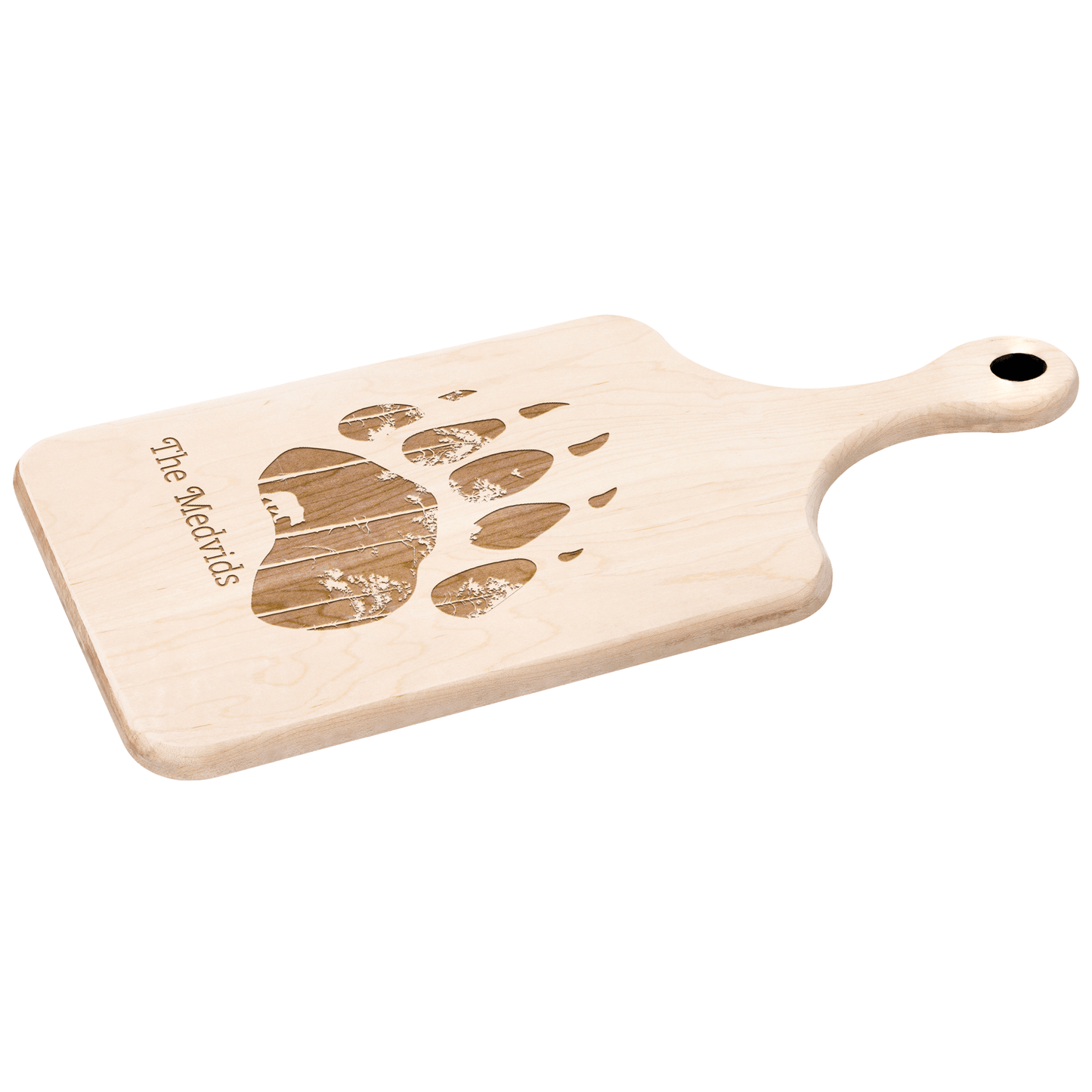 Bear Paw and Forest Personalized with Family Name Hardwood Paddle Cutting Board Christmas Gift - Get Deerty