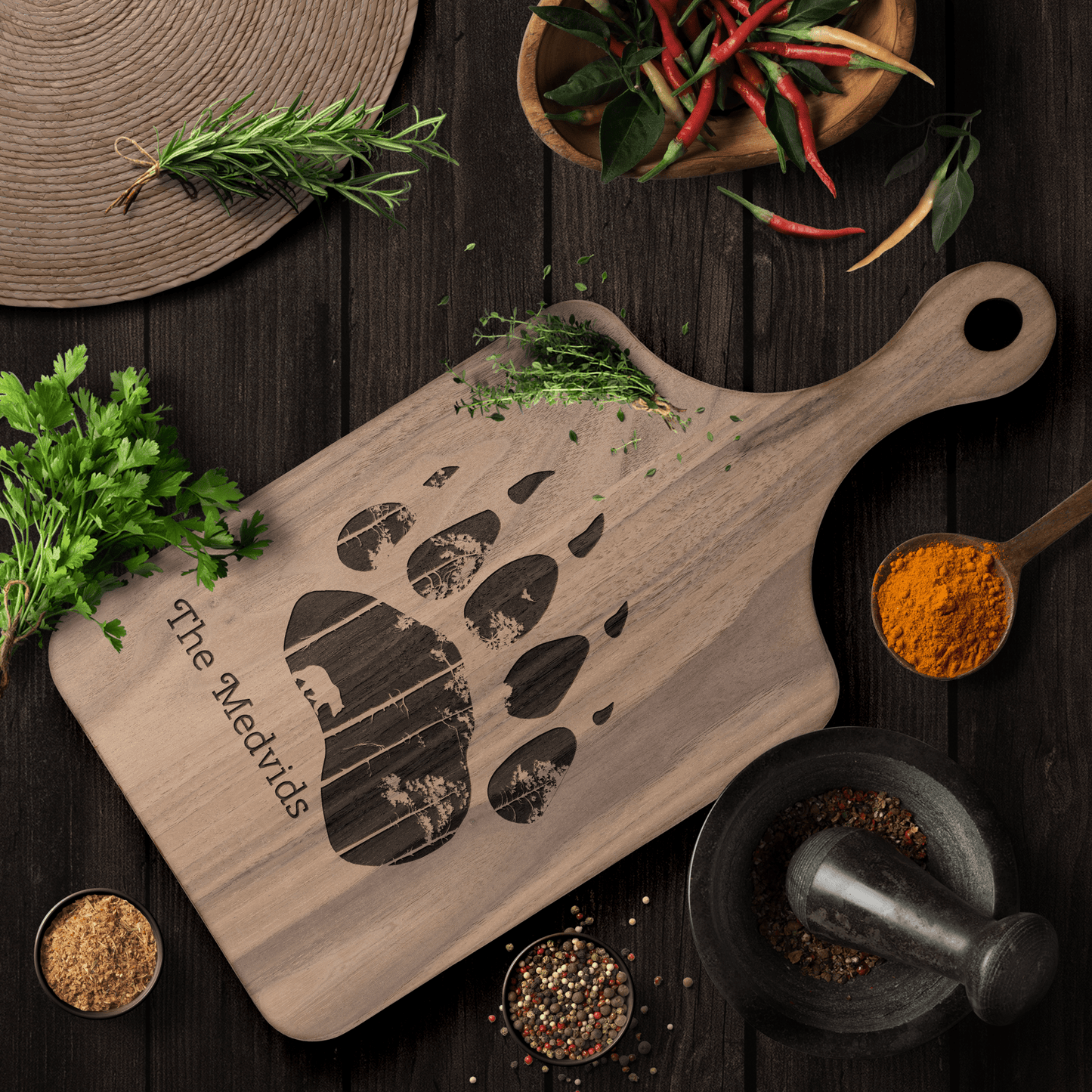 Bear Paw and Forest Personalized with Family Name Hardwood Paddle Cutting Board Christmas Gift - Get Deerty