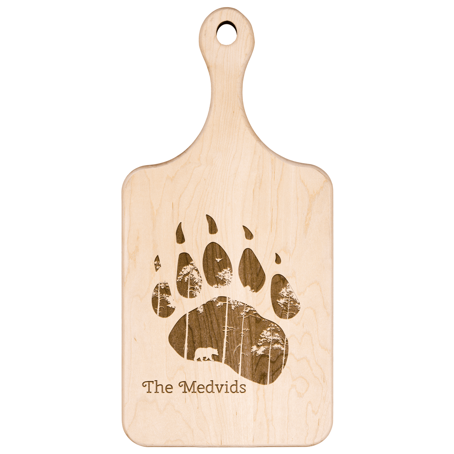 Bear Paw and Forest Personalized with Family Name Hardwood Paddle Cutting Board Christmas Gift - Get Deerty