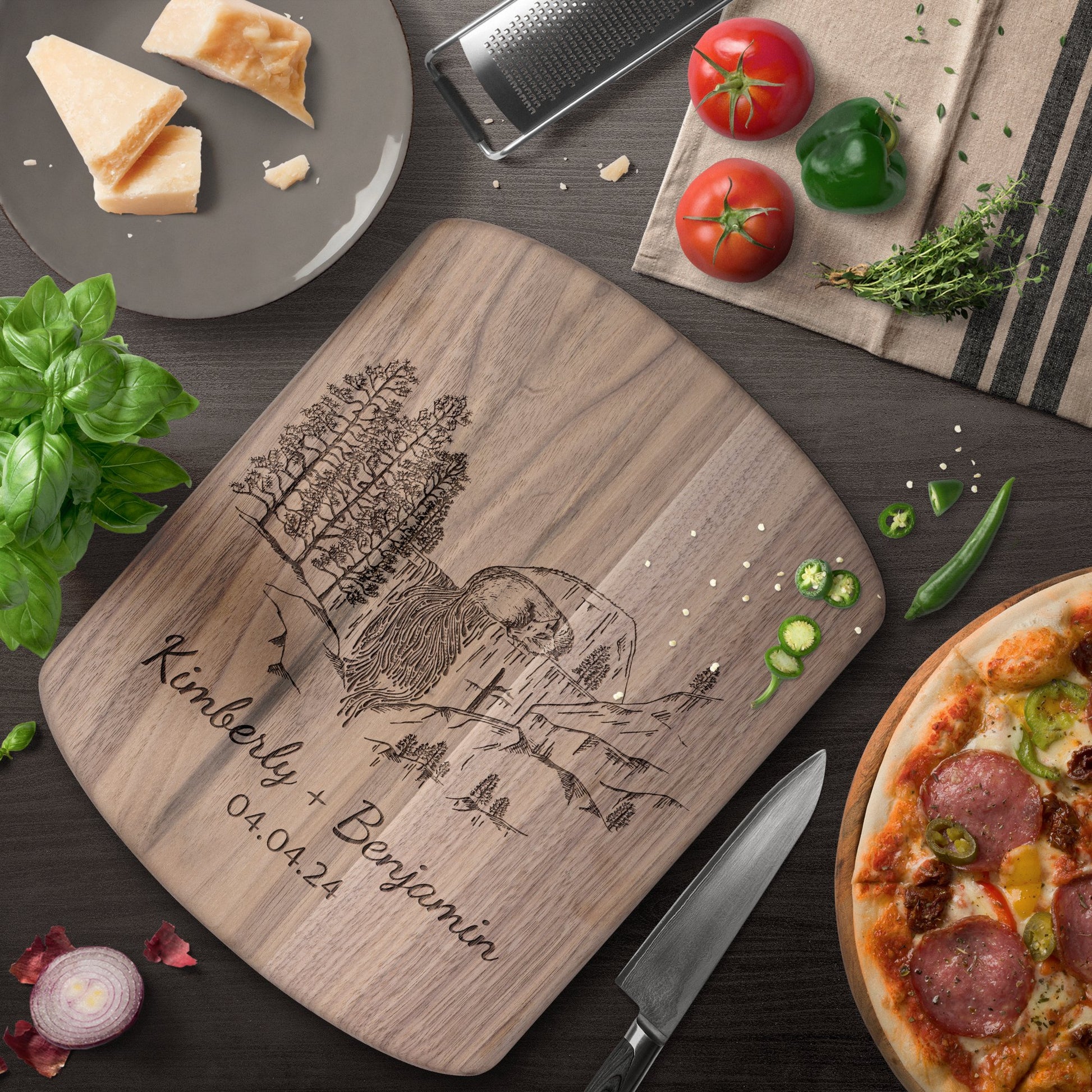 Forest Waterfall and Fox Personalized Hardwood Cutting Board Wedding Gift - Get Deerty