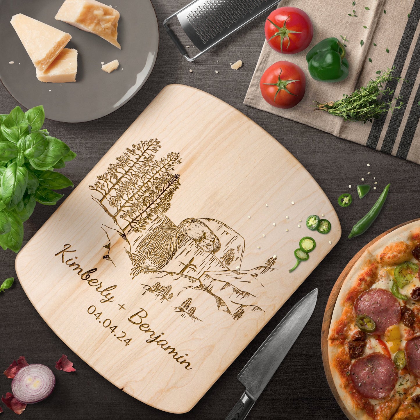 Forest Waterfall and Fox Personalized Hardwood Cutting Board Wedding Gift - Get Deerty