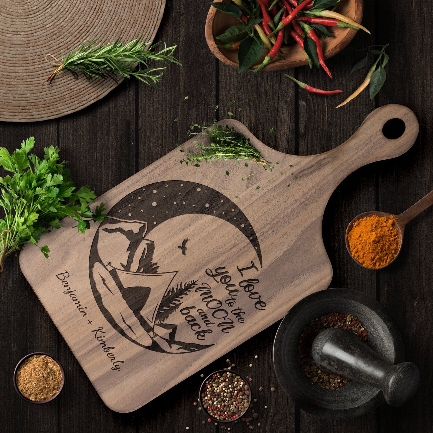 I Love You to the Moon and Back Personalized Camping Hardwood Cutting Board - Get Deerty