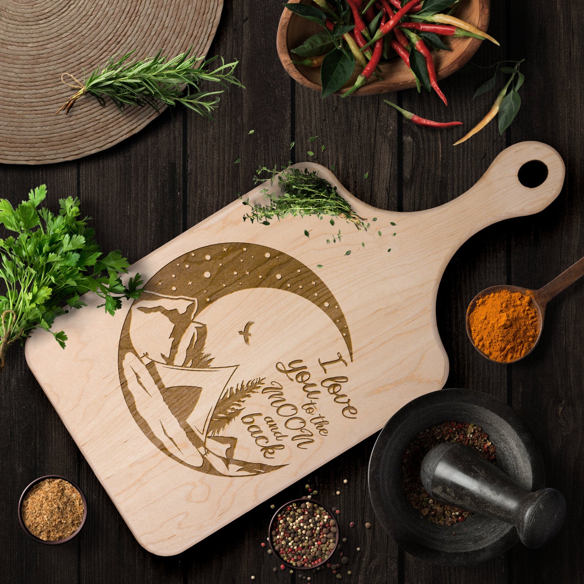 I Love You to the Moon and Back Personalized Camping Hardwood Cutting Board - Get Deerty