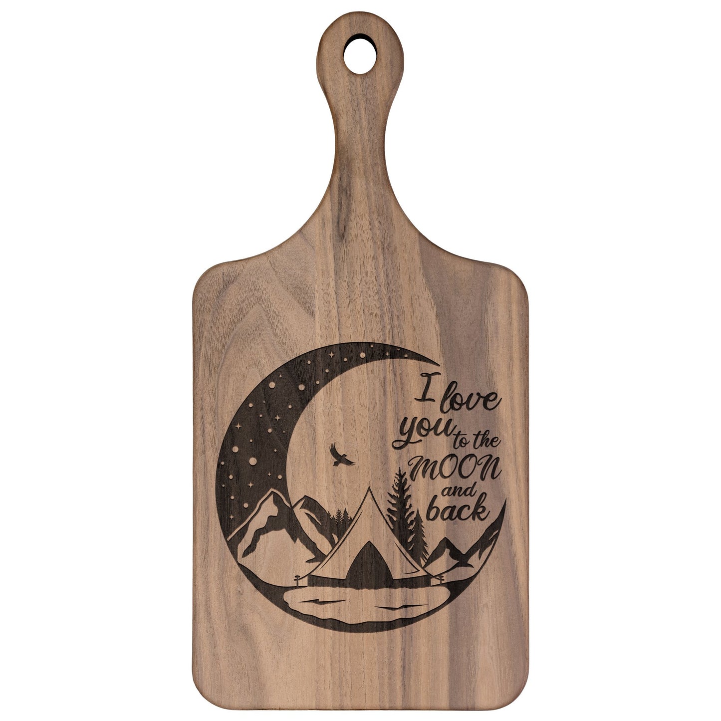 I Love You to the Moon and Back Personalized Camping Hardwood Cutting Board - Get Deerty